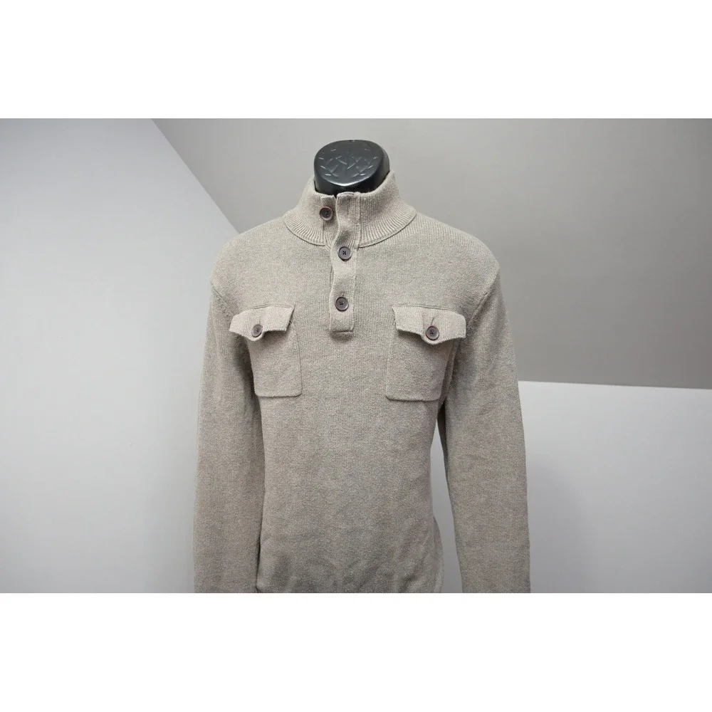 Banana Republic Sweater Men Large Tan Beige Mock Neck Button Up Pockets EUC